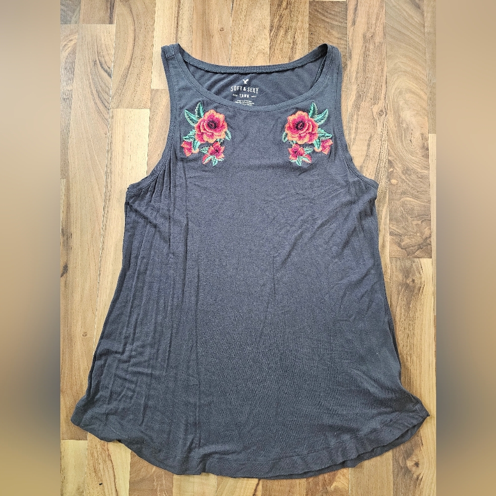 American Eagle Outfitters Black Muscle Tank with Red Floral Embroidery
